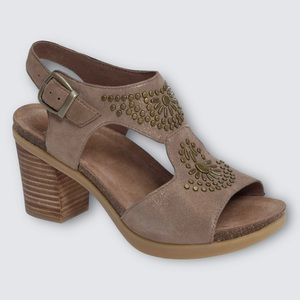 Dansko Deandra taupe shimmer sandals 9.5 or 10 block heel studded tan gold 40